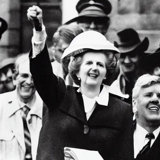 Image similar to margaret thatcher pointing and laughing at coal miners