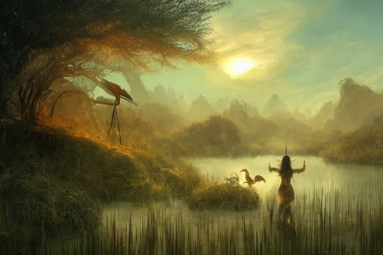 Image similar to fantasy painting, dungeons and dragons, a faerie village, swamp reeds wetland marsh sunset estuary, with ominous shadows, an egret by jessica rossier and brian froud cinematic painting