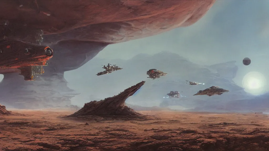 Image similar to small organic dropship lander by john schoenherr and jim burns, epic cinematic matte painting