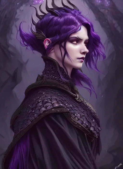 Image similar to side portrait dark witch, adventurer outfit large cloak, fantasy forest landscape, dragon scales, fantasy magic, undercut hairstyle, short purple black fade hair, dark light night, intricate, elegant, sharp focus, illustration, highly detailed, digital painting, concept art, matte, art by WLOP and Artgerm and Greg Rutkowski and Alphonse Mucha, masterpiece