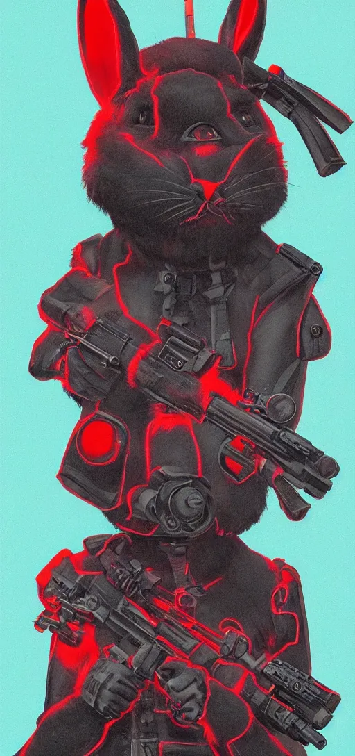 Image similar to portrait of neon fur rabbit with red eyes and a machine gun , 8k, highly detailed, sharp, realistic, in style of Brom