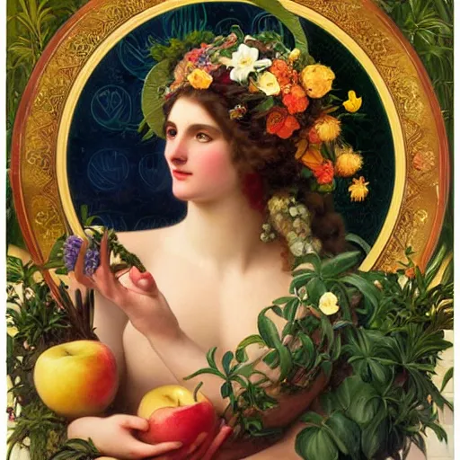 Prompt: beautiful oil painting of the goddess Aphrodite hugging a swan, ornate golden halo around her head, colourful apples, roses, and plants, golden ratio, by John William Godward and Anna Dittman and Alphonse Mucha, H 640
