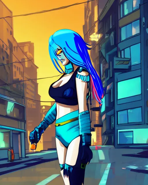 Image similar to cel shaded art of a pretty blue haired girl, jet grind radio graphics, cyberpunk city street background