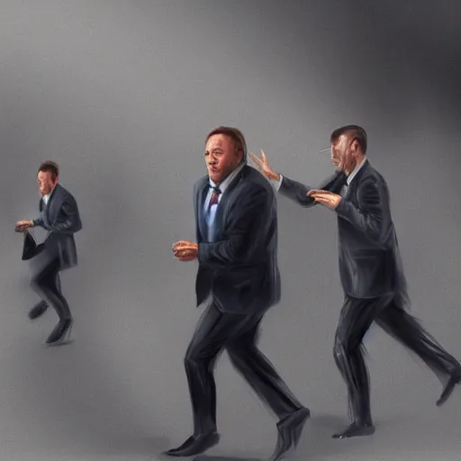 Prompt: Scared and frantic Alex Jones running from men in suits, digital painting, hype realistic, trending on art station