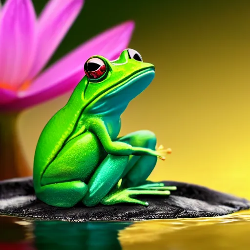 Prompt: macro ultra closeup diorama digital illustration of a frog meditating. the meditating zen frog is levitating in the air above a lily pad. the meditating frog is surrounded by the liquid translucent clear water of the pond. iridescent gradients, f / 1. 8, bokeh, 4 k wallpaper, digital art trending on artstation. screenshot from a pixar movie.