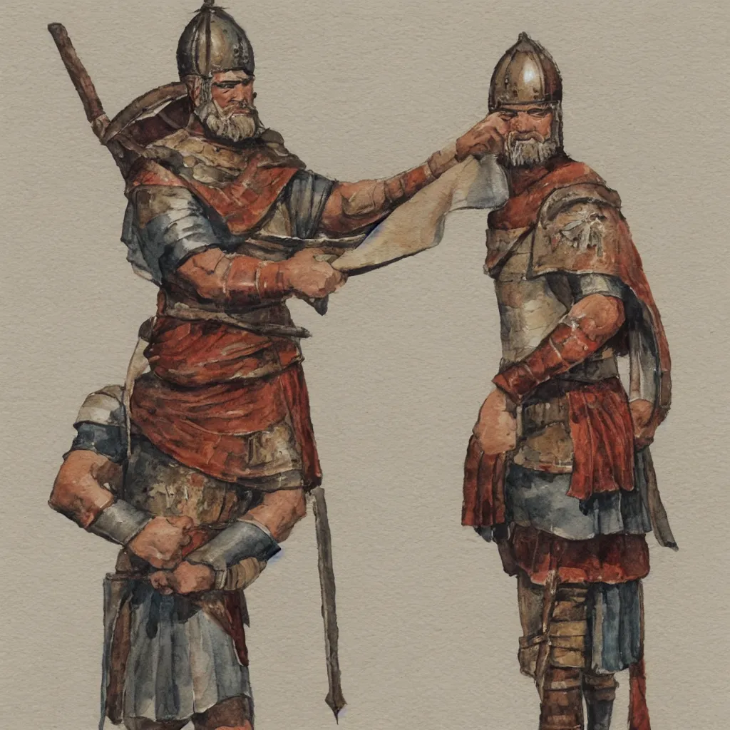 Image similar to a single roman legionnaire holding a scroll, watercolor, concept art, white background