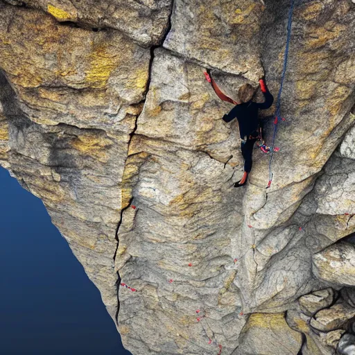 Image similar to Adam Ondra, climbing rock face, image from above, background void of fractals, mandelbrot set, hyperrealistic