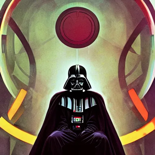 Prompt: darth vader sitting in his meditation chamber with half of his hemet off by Alphonse Mucha + Greg Rutkowski + Sachin Teng