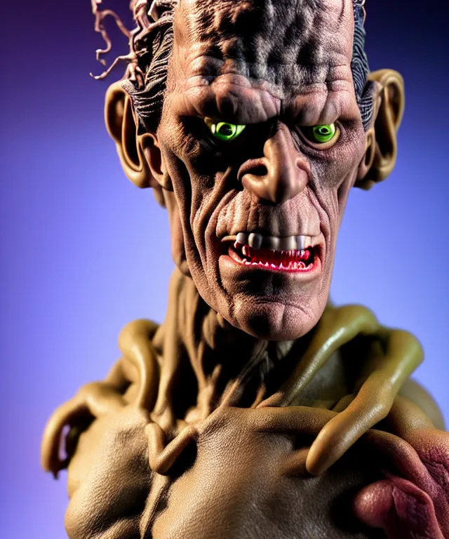 Image similar to hyperrealistic rendering, frankenstein, by art of skinner and richard corben and jeff easley, product photography, action figure, sofubi, studio lighting, colored gels