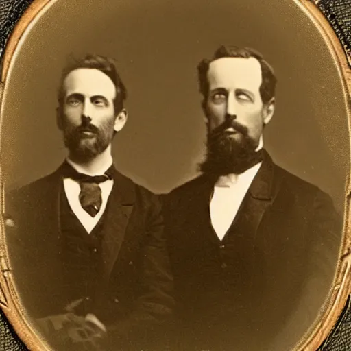 Image similar to tintype photo of rick and morty. 1 8 8 0 s