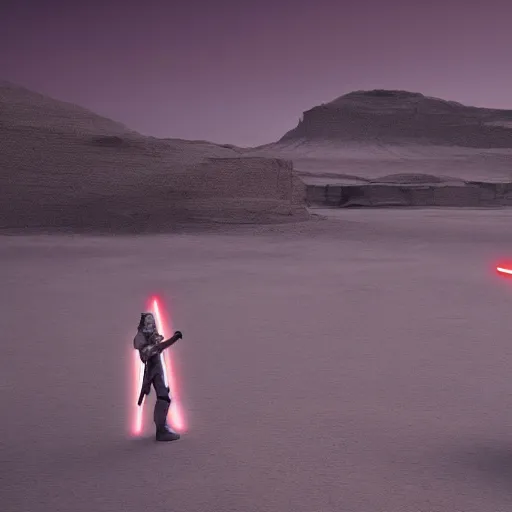 Image similar to jedi knight with a lightsaber on a desolate landscape, concept art, octane render