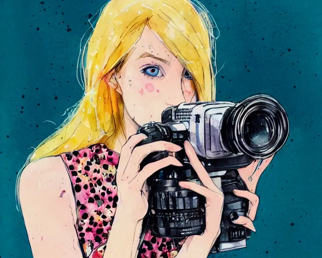 Image similar to pale young woman with bright blonde hair, freckles, bright eyes and a wide face, flowery dress, she is holding a professional dslr camera close to her face with her hands, expressive, emotional watercolor art by conrad roset