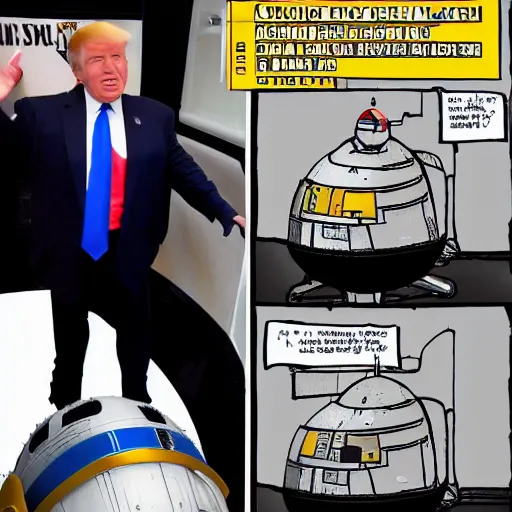 Prompt: they found the plans for the jewish space laser in donald trump's astromech droid