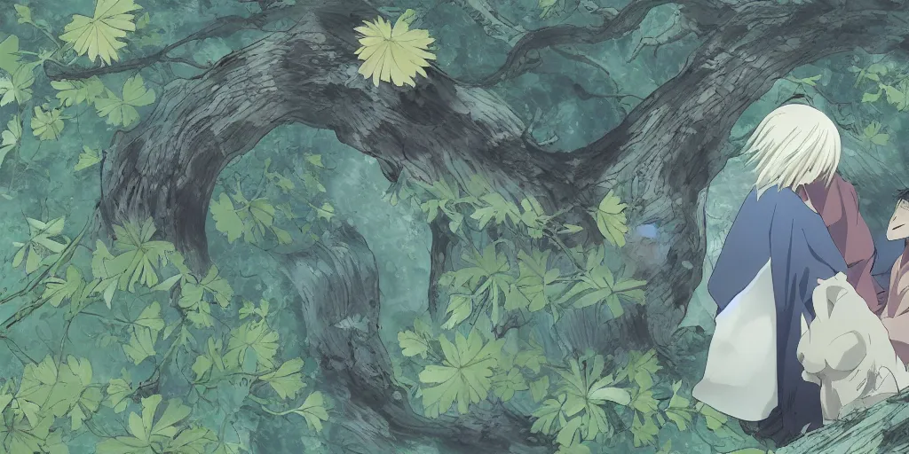 Image similar to ginko showing a new mushi, mushishi by studio ghibli, artgem, mutsumi akasaki, wallpaper splash art promo art