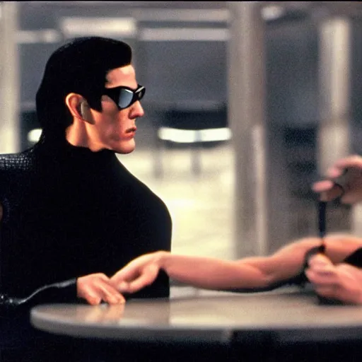 Image similar to Scene from Matrix 5 where Neo fights Michel Foucault played by Rock Hudson