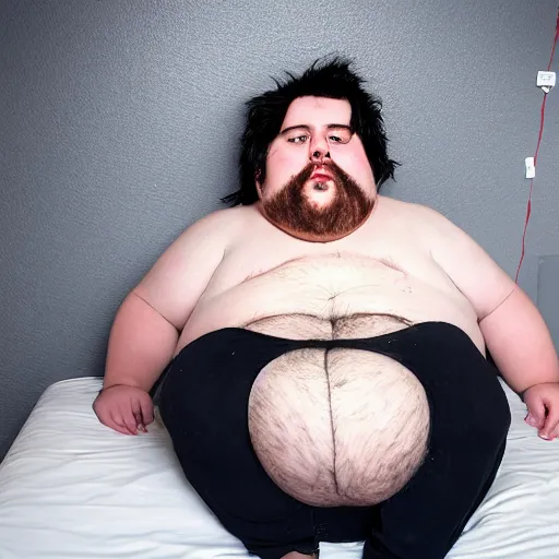 Image similar to obese 20 year old with messy black hair and big beard eats mayonnaise straight out of the jar with his bare hands on his bed in his disgusting room. There is trash and mold everywhere on the floors and walls of his room, and there are stains of mayonnaise all over his body and room from his messy eating, hyperrealistic, 4k, wide shot