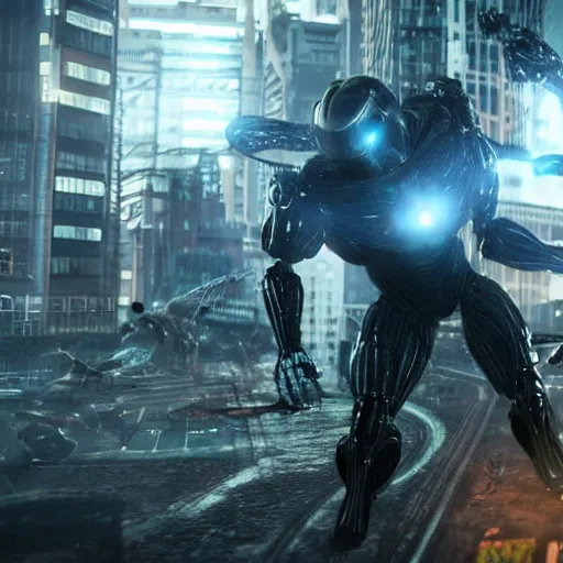Prompt: Gigachad wearing a nanosuit fighting aliens in New York, screenshot from Crysis 4, 8k, Raytracing, Top of r/gaming