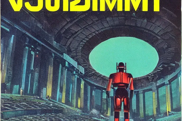 Prompt: 1979 OMNI Magazine Cover depicting an android Goliath standing in a coliseum. Cyberpunk Akira style by Vincent Di Fate