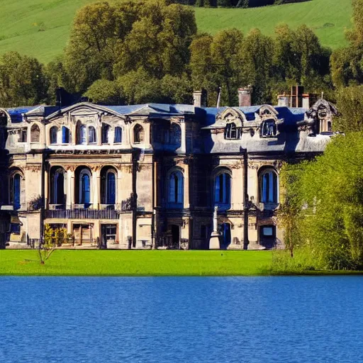 Prompt: photograph of a grand victorian college building in the countryside by a large lake. well lit and blue sky