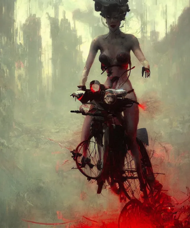 Prompt: techno net data laser rider, pinup visor girl elegant, ethereal horror fantasy art by greg rutkowski, jeremy mann, magali villeneuve and claude monet, red background