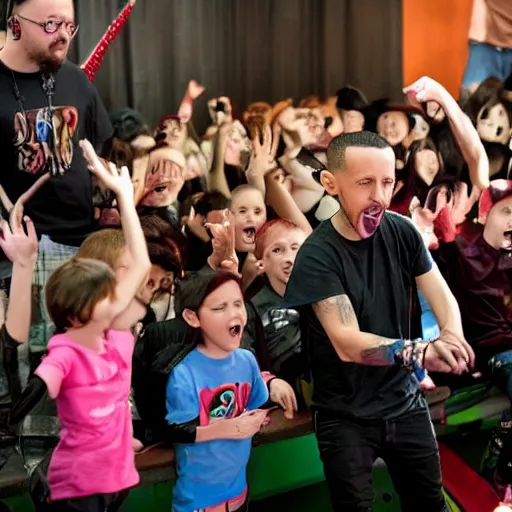 Image similar to Linkin Park Performing at a child's birthday party with children in the audience. Chester Bennington screams into the microphone, photograph