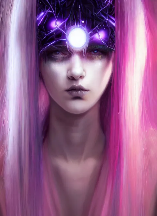 Image similar to hair whitebangs hair, black cyberlox, portrait of teenage girl with white bangs, whitebangsblackhair, messy bangs, cyberlox, whitebangs, red irises, purple clothes, intricate, elegant, glowing lights, highly detailed, digital painting, artstation, concept art, sharp focus, illustration, art by wlop, mars ravelo and greg rutkowski