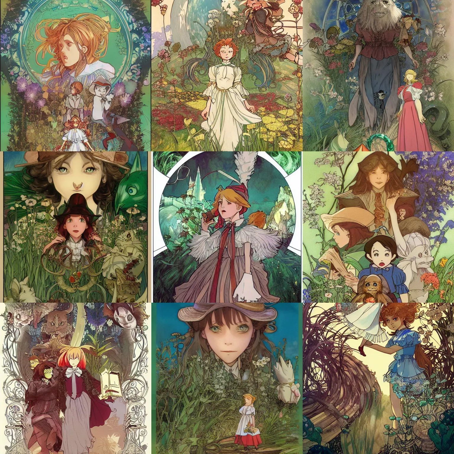 Prompt: The Wonderful Wizard of Oz/Alice's Adventures in Wonderland crossover, fantasy, highly detailed, artstation, digital illustration, concept art, by Kyoto Animation and Studio Ghibli, by Akihiko Yoshida and Alphonse Mucha