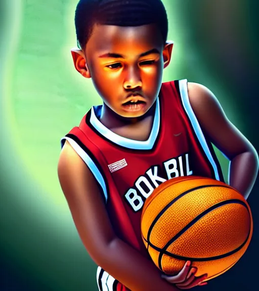 Prompt: portrait of a boy at a basketball court playing basketball wearing a basketball jersey in a basketball court standing near the basketball hoop, intense emotion, detailed facial expression, detailed surroundings, intricate, elegant, highly detailed, centered, digital painting, artstation, concept art, smooth, sharp focus, illustration, by (Michelangelo), WLOP