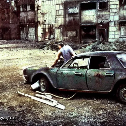 Prompt: alien is repairing an old lada near garages, soviet space, top secret style, realistic photo, 1 9 7 0 s, color