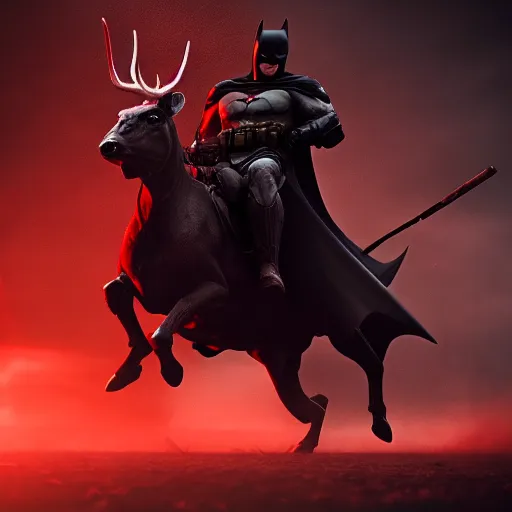 Prompt: batman riding demonic red deer in battlefield, dark, cinematic lighting, chaotic, wide shot, photorealistic, photograph