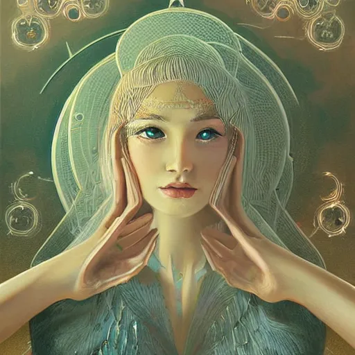 Prompt: intricate, amazing, retro vintage and romanticism, painting by natelle quek, soft color palette, highly detailed, godess from space sci - fi of ancient religion