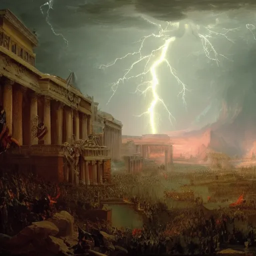 Image similar to Capitol Riot lead by marmots painted by Thomas Cole with dramatic lightning, concept art, matte painting, 8k, highly detailed, artstation