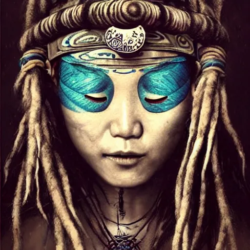 Image similar to A young blindfolded shaman japanese woman with a decorated headband performing a pagan ritual, in the style of heilung, blue hair dreadlocks and wood on her head, tribal piercing and tatoos , atmospheric lighting, intricate detail, cgsociety, ambient light, dynamic lighting, art by karol bak