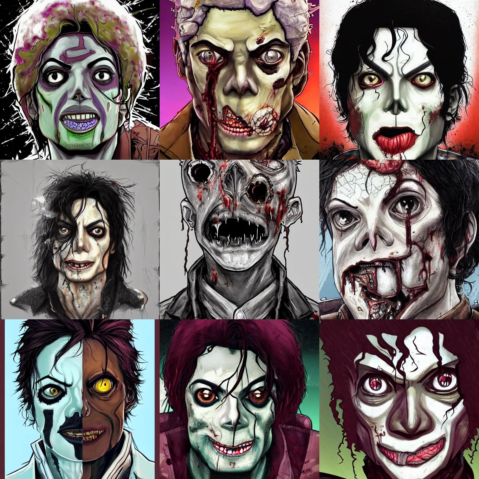 Prompt: zombie eyes nose !!! michael jackson! cell shaded! head only portrait of half decomposing michael jackson! as Borderlands 3 concept art, llustration, postapocalyptic grunge, concept art by Laurie Greasley, highly detailed, sharp focus, HQ, 4K ,art by Laurie Greasley