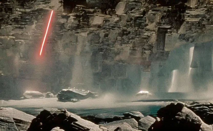 Image similar to iconic cinematic screen shot of star destroyer waterfall canyon planet, from the action packed scene from the 1 9 7 0 s star wars sci fi film by stanley kubrick, glowing lasers, kodak film stock, anamorphic lenses 2 4 mm, lens flare, iconic cinematography, award winning