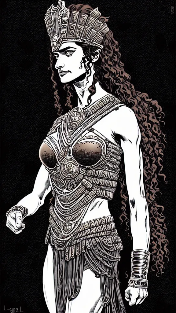 Image similar to greek amazon warrior, a tall beautiful woman with brown skin and long curly dark hair, dressed in hellenistic body armour, intricate, elegant, highly detailed, smooth, sharp focus, detailed face, high contrast, graphic novel, black and white, art by laurie greasley