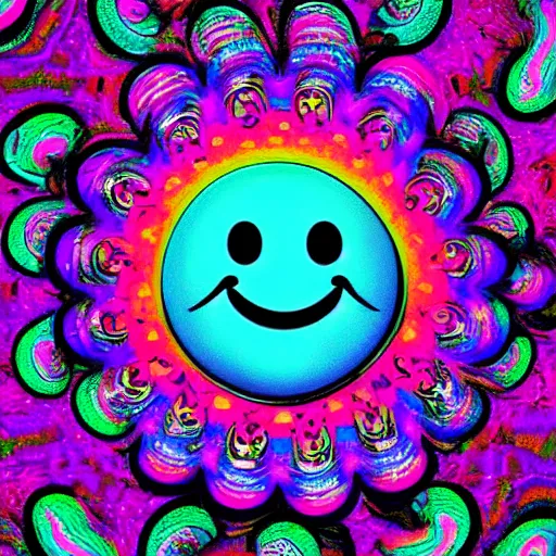 Prompt: psychedelic art with a smiley face