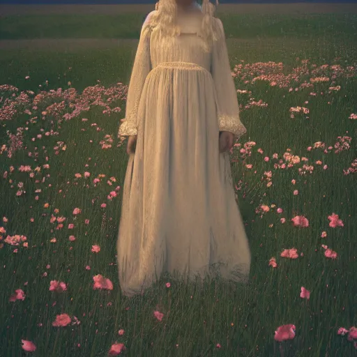 Prompt: 8 k, octane render, realism, tonalism, rococo, baroque, cotton candy, portrait of a creepy young lady wearing long 1 9 7 0 s bohemian babydoll dress standing in a field of grass, flowers