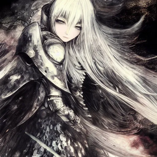 Prompt: yoshitaka amano blurred and dreamy illustration of an anime girl with black eyes, wavy white hair wearing elden ring armour with the cape fluttering in the wind, abstract black and white patterns on the background, noisy film grain effect, highly detailed, renaissance oil painting, weird portrait angle