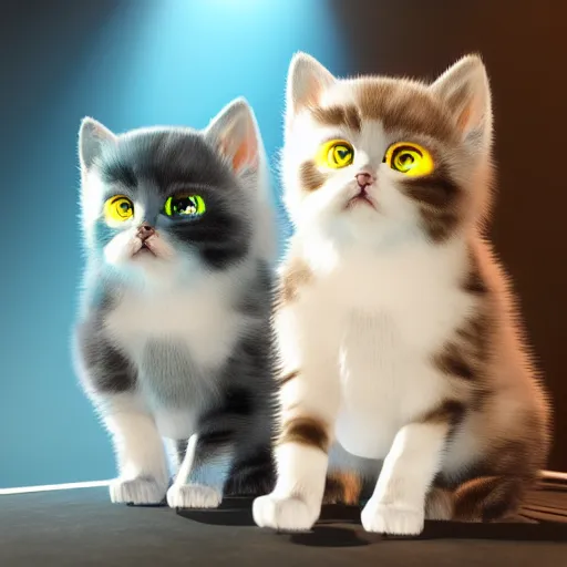 Image similar to iridescent kittens cyperpunk 2 0 7 7, unreal engine 5, 8 k ultra realistic, hyperdetailed, volumetric lighting, extremely high quality