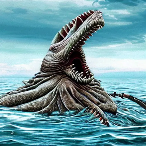 Prompt: hyper realistic sea monster with spears sticking out of it's skin