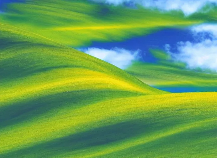 Prompt: windows xp bliss wallpaper, in the style of giacomo ball,