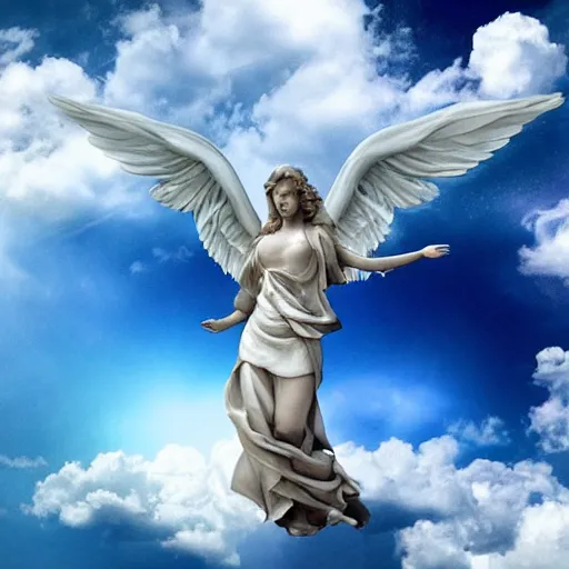 Prompt: a beautiful technological angel in the clouds
