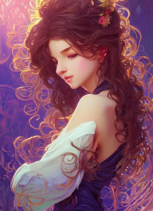 Image similar to beautiful girl with long curly, cute, intricate, highly detailed, digital painting, trending on artstation, concept art, smooth, sharp focus, backlit, rim light, vivid colors, illustration, unreal engine 5, 8 k, art by rossdraws and alphonse mucha