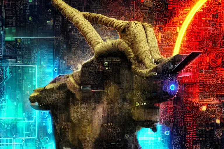 Prompt: complex cyberpunk machine background merged with evil cybernetic goat head in center focus, multicolored digital art