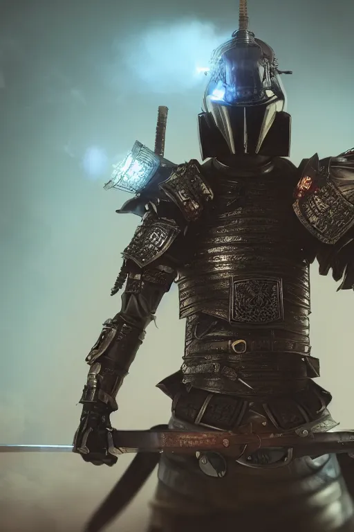 Image similar to magical realism cyberpunk samurai warrior, helmet, armour, ultradetailed, volumetric lighting, 4k UHD.