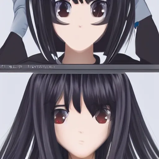 Prompt: girl with black hair, long bangs covering both of her eyes, anime style