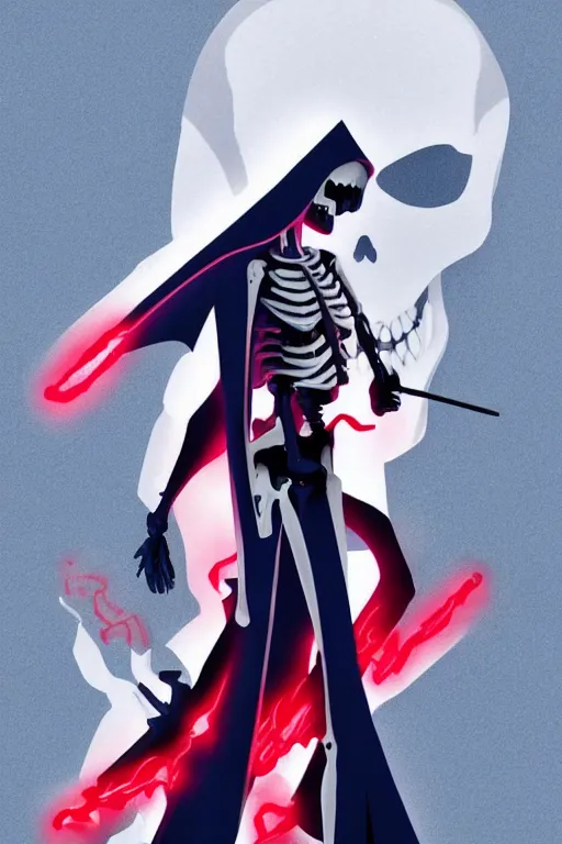Prompt: a full body shot of a Grim Reaper ,skeleton face, eyes red and glowing, wears a hood , sport pants, highly detailed, artstation,manga,style of Kill la Kill (2013)