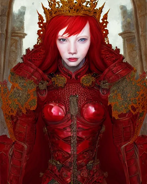 Image similar to redhead queen knight in red armor, inside grand hall in castle with rococo aesthetic, crown of roses, scarred face, elden ring, intimidating, high fantasy, intricate detail, digital painting, artstation, concept art, smooth, sharp focus, illustration, art by yoshitaka amano and monia merlo and wlop and artgerm