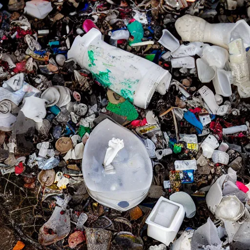 Prompt: lumpy dirty styrofoam garbage dump next to a broken mannequin, sigarette buds, wet newspaper, magazines, dirty water puddle, 8k